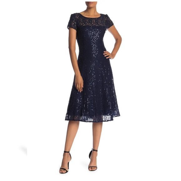 Women's SL Fashions Tea Length Sequins Lace Midi Dress Short‎ Sleeves Navy Blue - Picture 1 of 11
